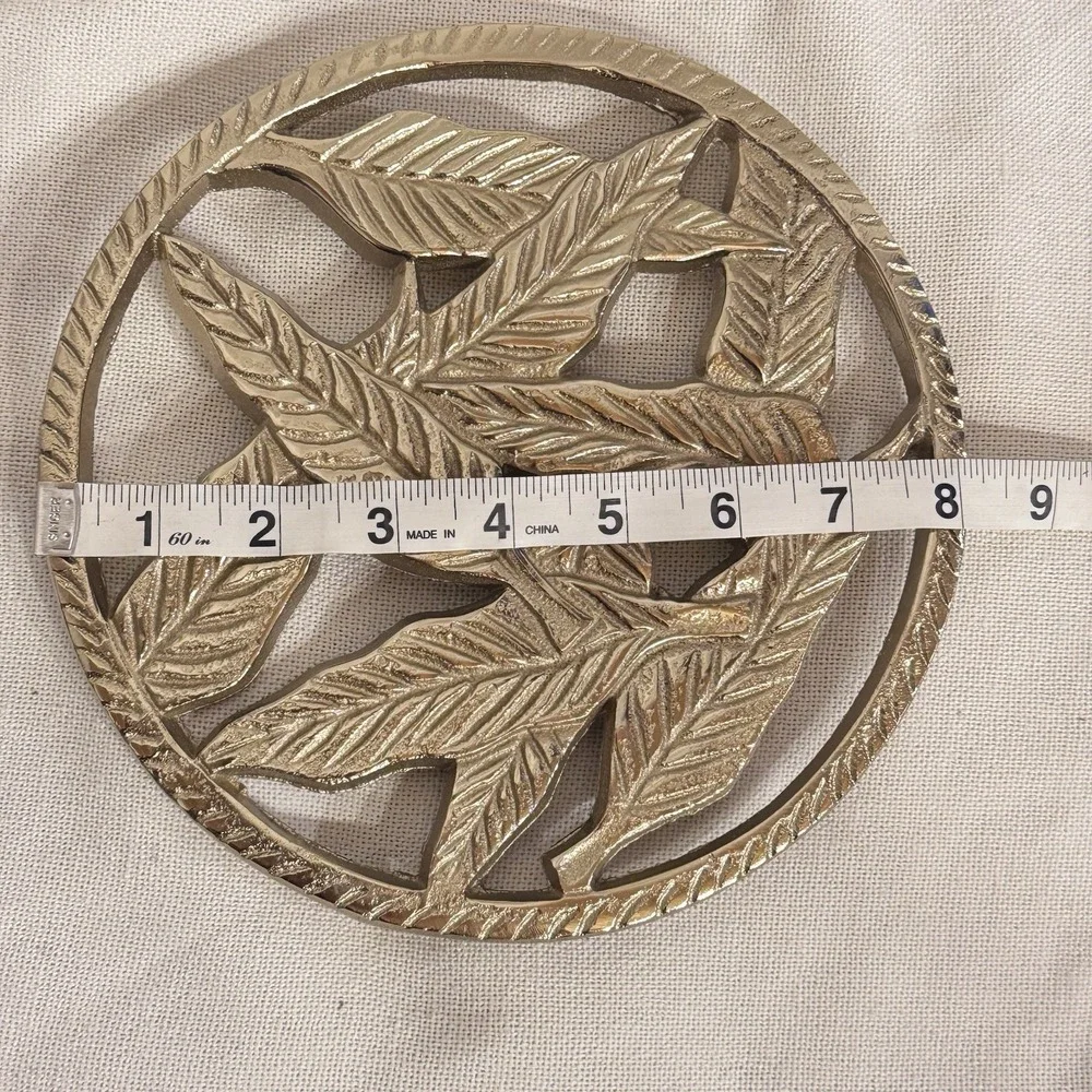 Brass Tone‎ Leaf Feather Trivet Medallion Hot Plate MCM Kitchen Decor 8